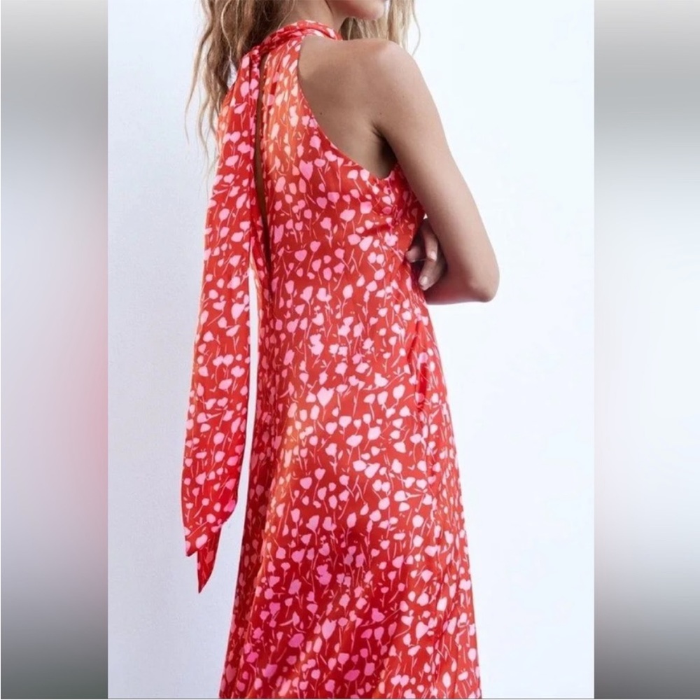 NWT Zara Halter Midi Dress Red Pink Floral Tie Neck Size small, wedding party